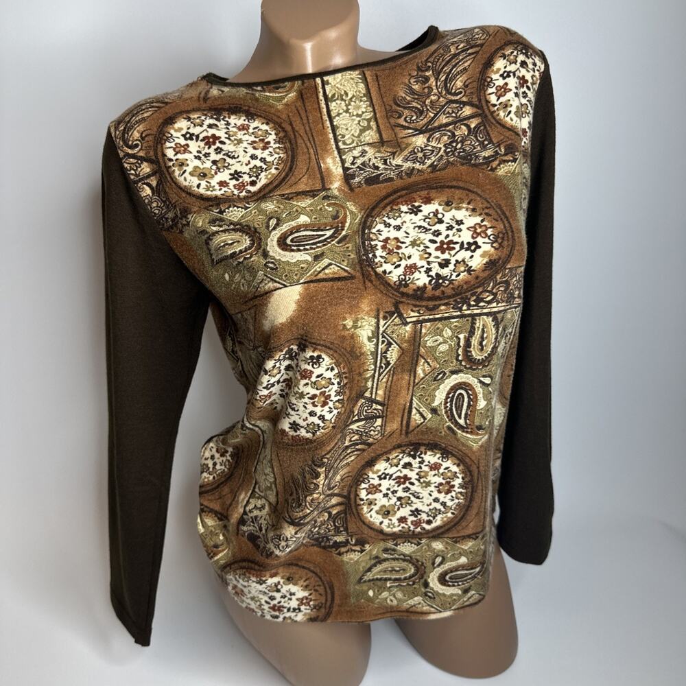 Vintage Y2K Brown Baroque Paisley Top M Whimsigoth Fairy Grunge Long Sleeve Boho